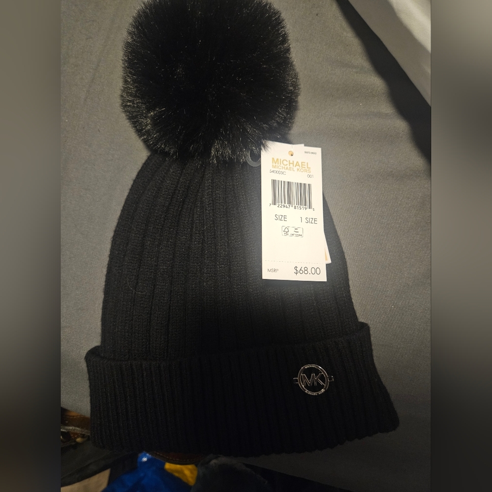 Michael Kors Black Knit Beanie with Pom-Pom
